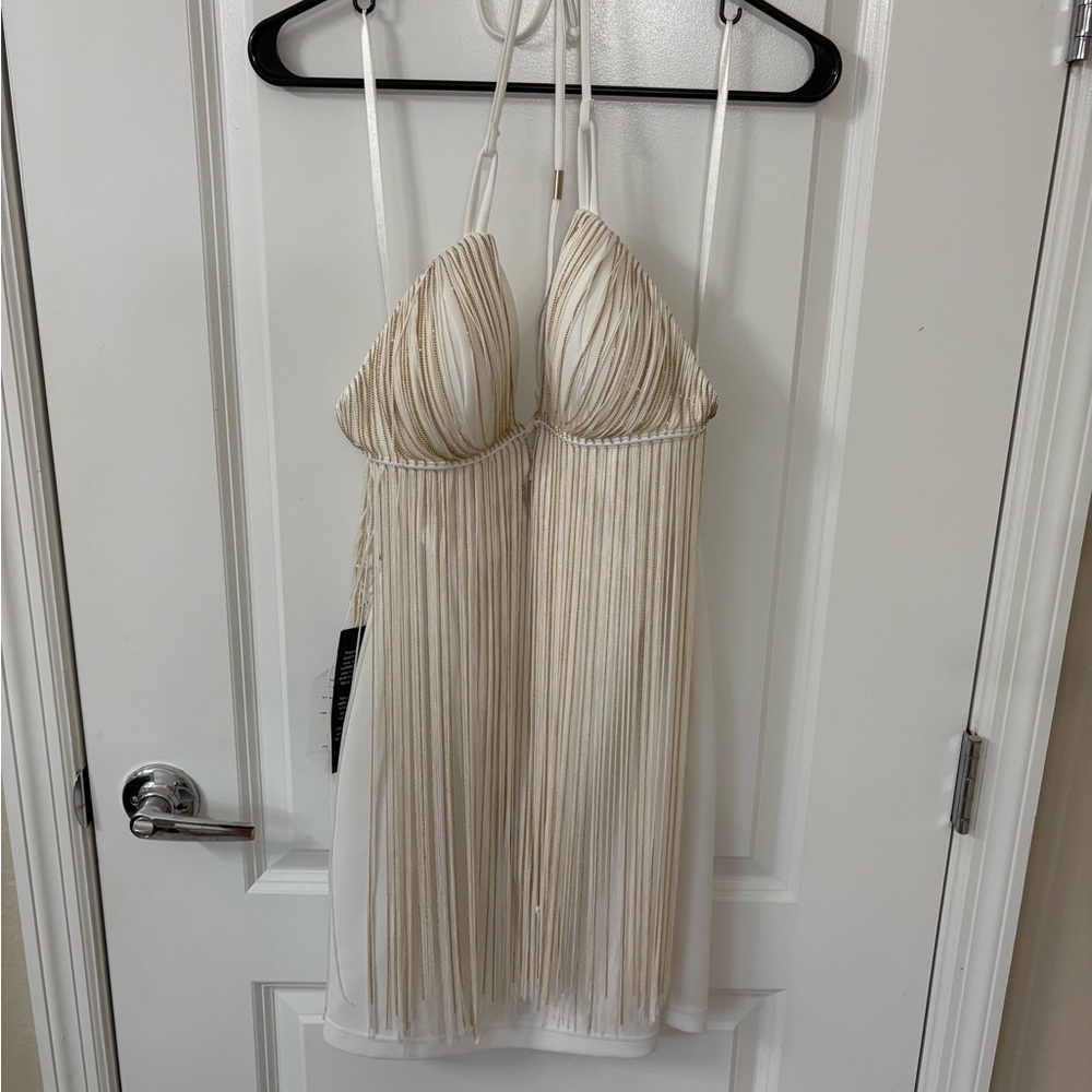 bebe Cream Pleated Halter Mini Dress